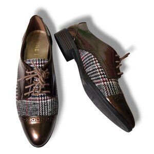 Anne Klein oxford shoes womens 9.5M Louisa Plaid Bronze Lace-up Academia